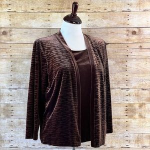 Kathie Lee Woman Brown Velvet Animal Print Cardigan‎ and Shell Set Size 18W